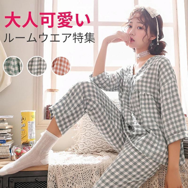 ルームウェア パジャマ レディース チェック柄 コットン 上下セット 春