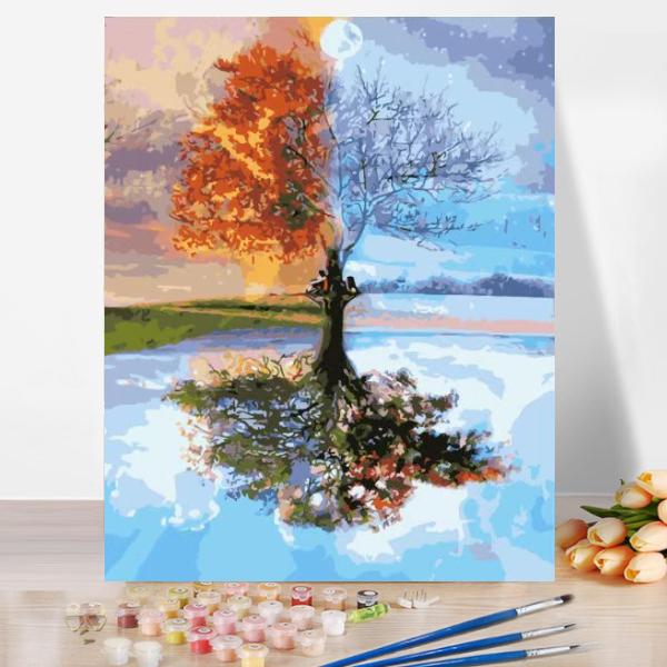 油絵 絵画 壁掛け 大人の塗り絵 セット インテリア 美術品 四季の木 DIY絵 キャンバス 数字  壁デコ 壁装飾  名画 手作り 風景画 敬老の日 母の日 父の日 | 