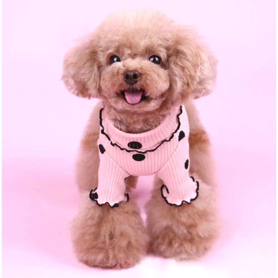 犬服 ピンクと黒の水玉模様 フリル付き 犬 服 犬服 おしゃれ かわいい フリフリ フリル 小型犬 水玉 シャツ 犬