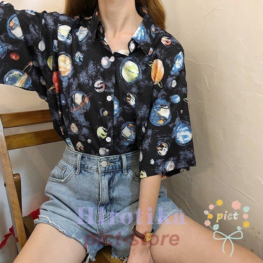 ブラウス 柄シャツ レディース 半袖 宇宙柄 :cre716-03246:クレーデ