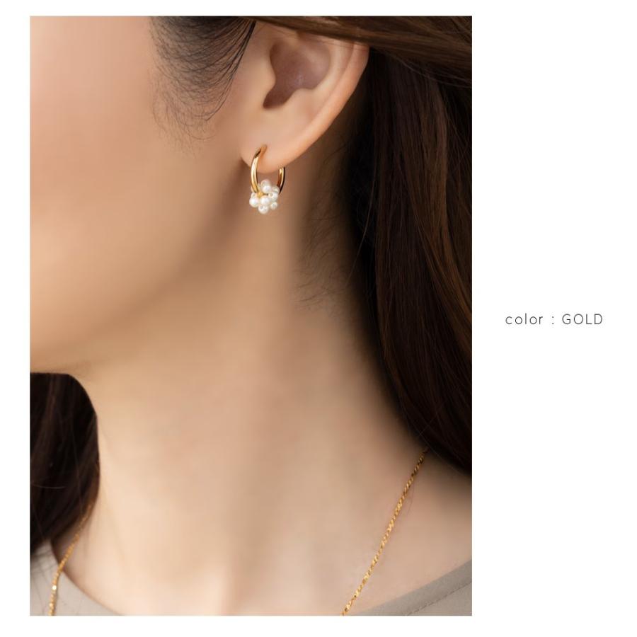金属アレルギー対応 ピアス フープピアス ニッケルフリー キャッチレス リング 小粒 パヴェパール メタル 2way | Cream dot. | 06