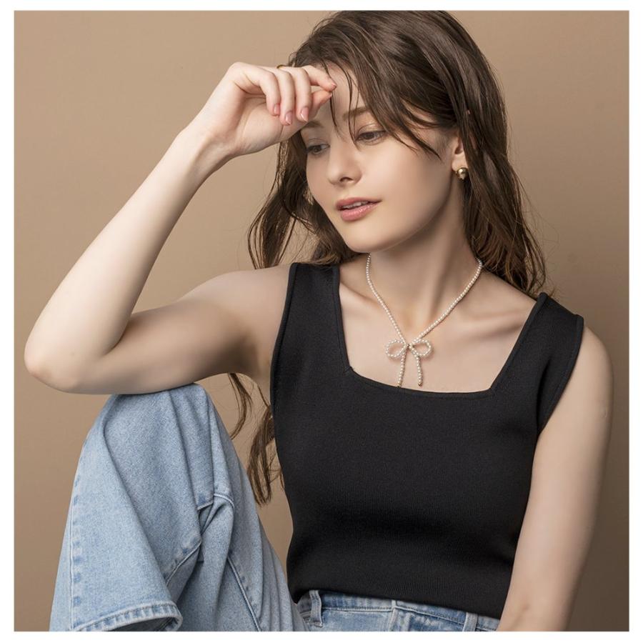 【全品10％OFFクーポン】金属アレルギー対応 チョーカー ネックレス ニッケルフリー 18kコーティング リボン パール 長さが選べる outlet | Cream dot. | 06