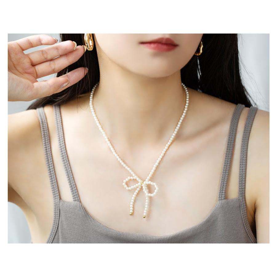 【全品10％OFFクーポン】金属アレルギー対応 チョーカー ネックレス ニッケルフリー 18kコーティング リボン パール 長さが選べる outlet | Cream dot. | 08