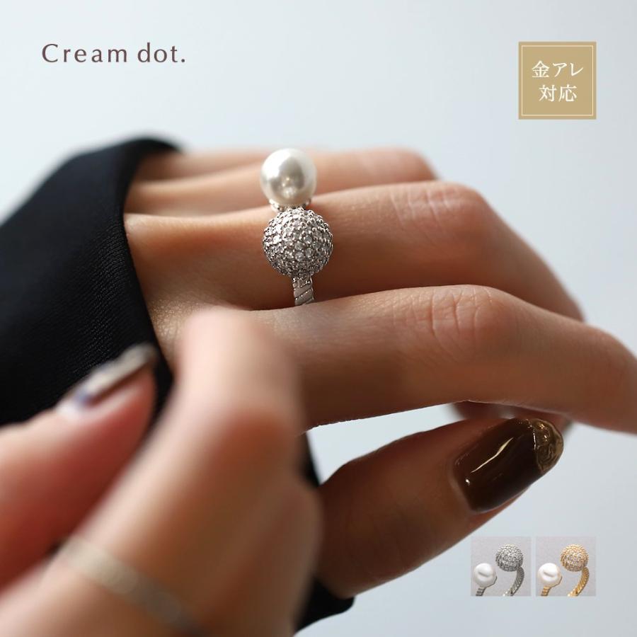 リング 指輪 金属アレルギー ニッケルフリー 18kコーティング フォークリング パヴェ ビジュー パール 微調整可能 ゆうパケット送料無料 | Cream dot.