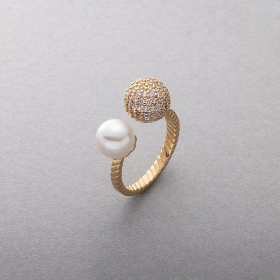 リング 指輪 金属アレルギー ニッケルフリー 18kコーティング フォークリング パヴェ ビジュー パール 微調整可能 ゆうパケット送料無料 | Cream dot. | 02