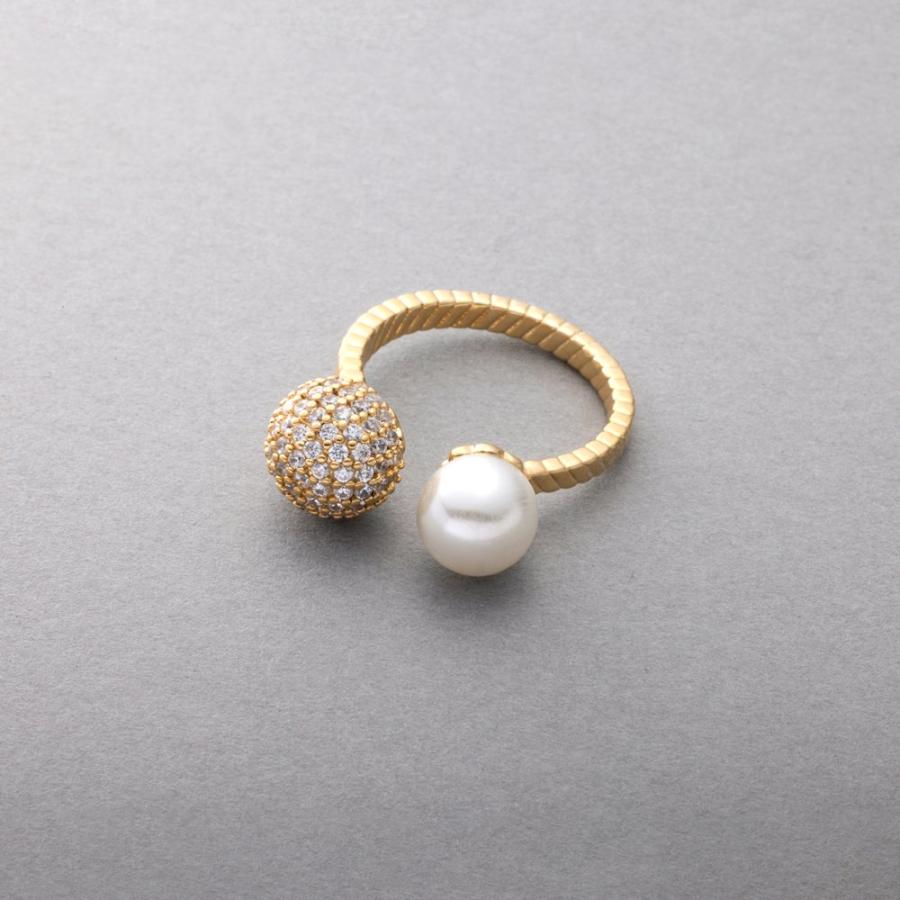 リング 指輪 金属アレルギー ニッケルフリー 18kコーティング フォークリング パヴェ ビジュー パール 微調整可能 ゆうパケット送料無料 | Cream dot. | 03