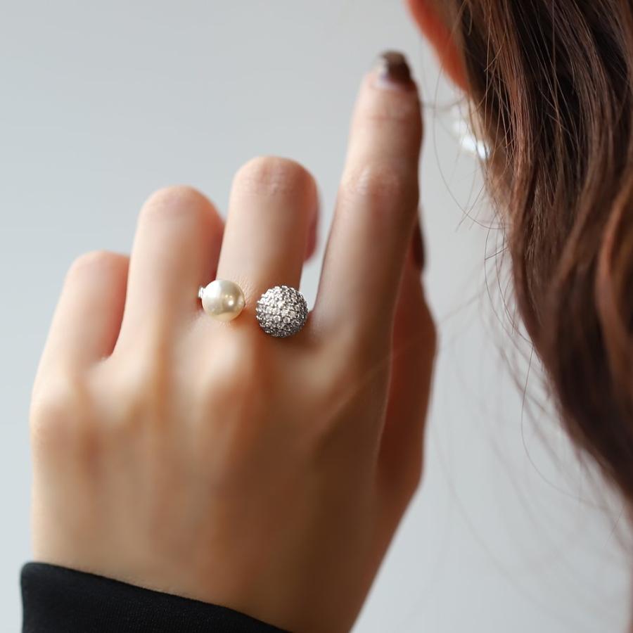 リング 指輪 金属アレルギー ニッケルフリー 18kコーティング フォークリング パヴェ ビジュー パール 微調整可能 ゆうパケット送料無料 | Cream dot. | 05