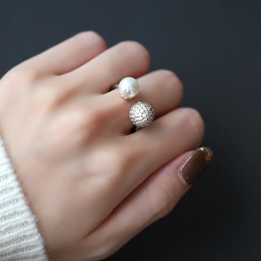リング 指輪 金属アレルギー ニッケルフリー 18kコーティング フォークリング パヴェ ビジュー パール 微調整可能 ゆうパケット送料無料 | Cream dot. | 06