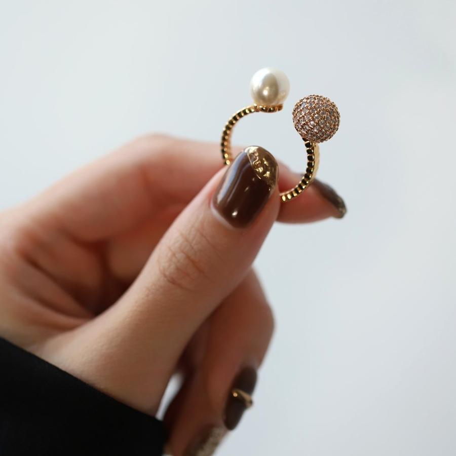 リング 指輪 金属アレルギー ニッケルフリー 18kコーティング フォークリング パヴェ ビジュー パール 微調整可能 ゆうパケット送料無料 | Cream dot. | 07