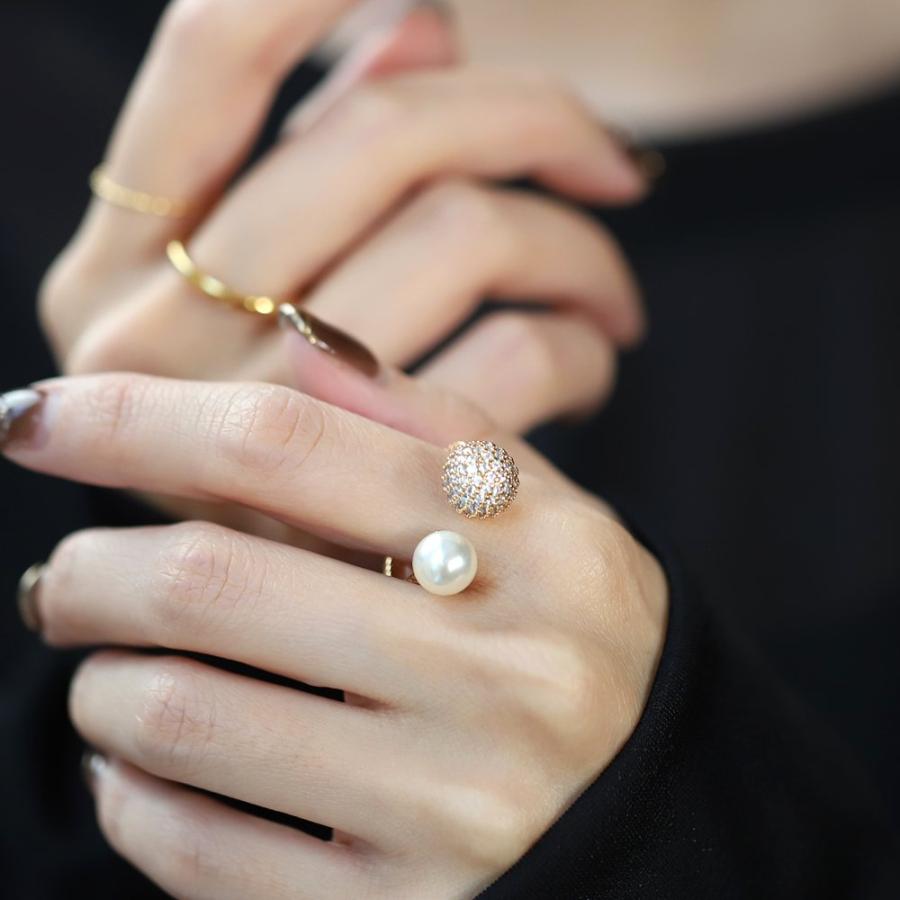 リング 指輪 金属アレルギー ニッケルフリー 18kコーティング フォークリング パヴェ ビジュー パール 微調整可能 ゆうパケット送料無料 | Cream dot. | 08