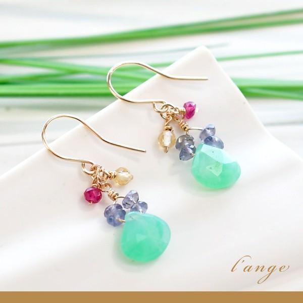 天然石 クリソプレーズ アイオライト ルビー 14kgf ピアス レディース  