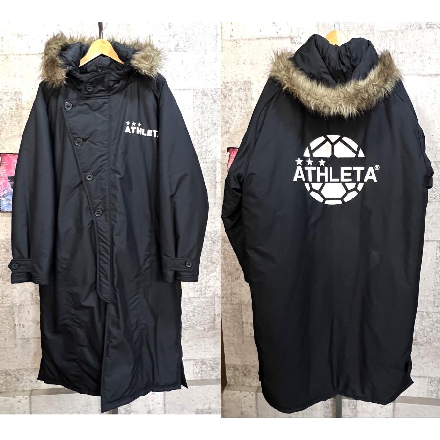 送料込 美品 アスレタ 中綿 ロング ベンチコート 着脱ファー 黒 F 