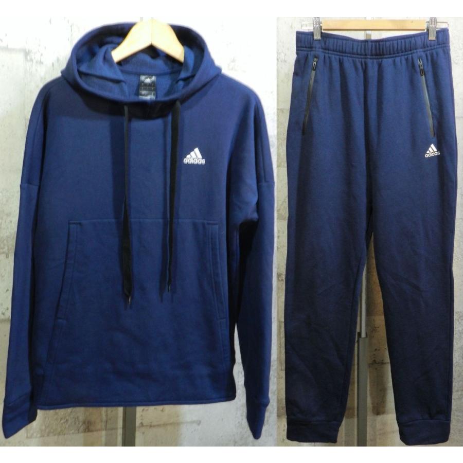 美品 アディダス プルオーバー スウェット 上下セットアップ 紺 L メンズ adidas パーカー フード｜creep-shopping