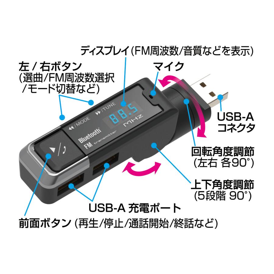 カシムラ KD-264 FMトランスミッター スリム USB2ポート Bluetooth 充電式 ハンズフリー通話対応 マルチペアリング 4.8A | Kashimura | 01
