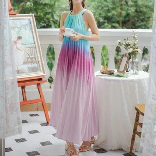ワンピース リゾート ワンピース 沖縄 肩出し グラデーション オルチャン 可愛い 無地 ラウンドネック 夏 ノースリーブ ロング丈 マキシ丈 プリーツ バックオー Ls0417a487 Creostore 通販 Yahoo ショッピング