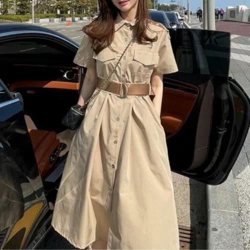 ワンピース 半袖 レディース 可愛い 韓国 韓国ファッション 韓国スタイル カジュアル オルチャン 無地 襟付き 夏 ミモレ丈 ロング丈 フレア 体型カバー Aライン Ls0417a503 Creostore 通販 Yahoo ショッピング