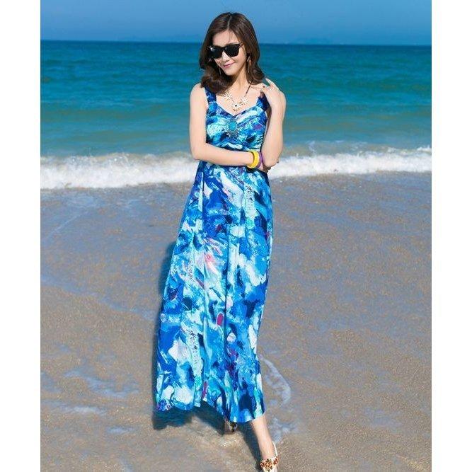 逸品 ノースリーブマキシワンピース 華やか ワンピース 大人可愛い ロングワンピ リゾートワンピ タンクデザイン ワンピース カラー ブルー Captains Agency