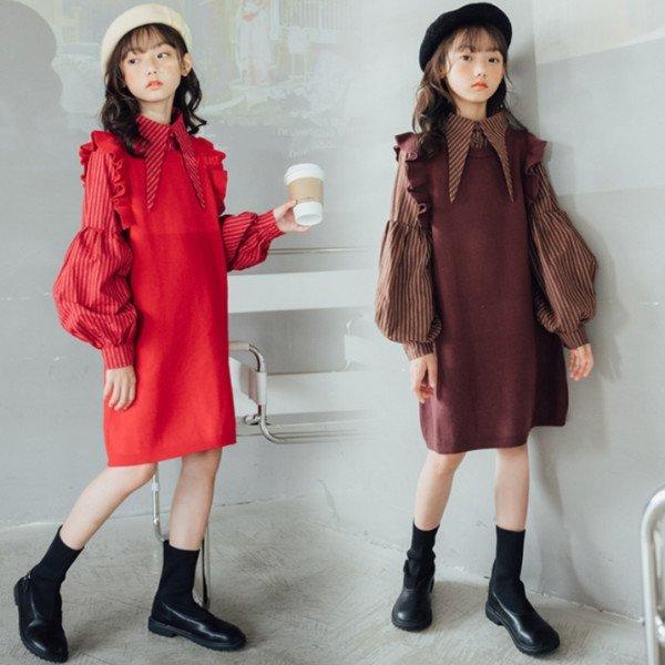 人気の贈り物が 韓国子供服 ワンピース リゾート 通学 お出かけ オシャレ 膝丈 ストライプ袖 ワンピース キッズ ワンピース ニットセーター 秋冬 女の子 カジュアル 偽２点 カーディガン サイズ 110 Www Mvclatworthy Co Uk