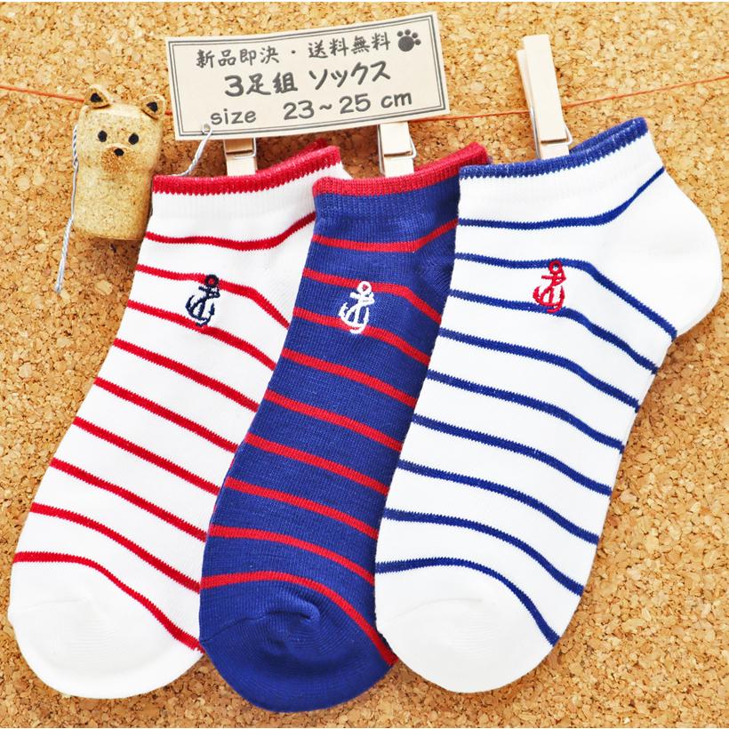 靴下 レディース ショートソックス イカリ刺繍 3足 赤 紺 赤 紺 婦人 Sc097 Lsh Red Nvyred Nvy クレセント ヤフーショッピング店 通販 Yahoo ショッピング