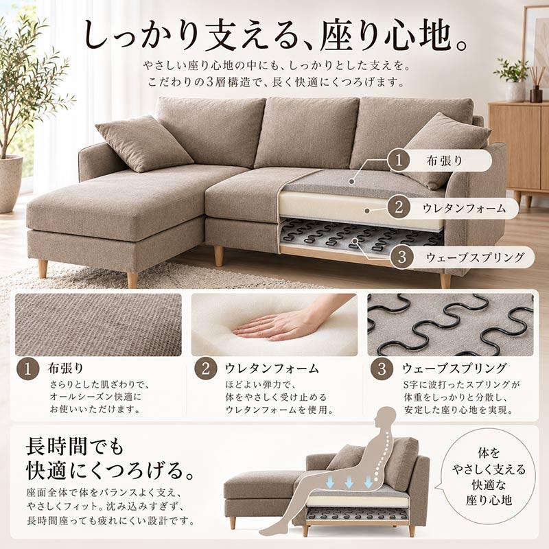 桜屋工業 カウチソファ のみ 幅189cm ライトグレー グレージュ