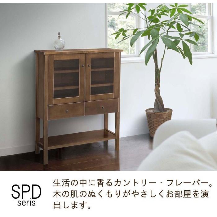 キャビネット 幅65cm カバ材 引出し2杯 ガラス扉 オープンラック