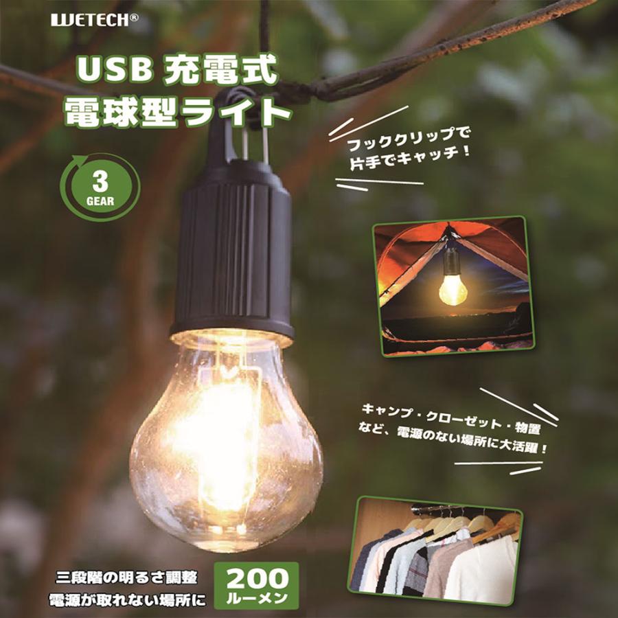 2個セット】USB充電式 電球型ライト（USB Type-C) WJ-9203 200lm/120lm 