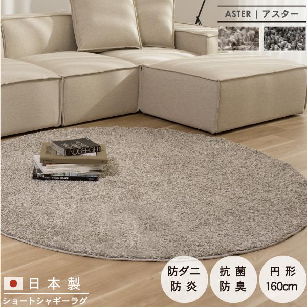 ラグ マット 丸型 シャギー 日本製 160cm 防ダニ 抗菌 防臭 防炎 床暖房 もふもふ 敷物 リビング 円形 丸 ふわふわ 無地 シンプル モダン 北欧 Aster アスター | 