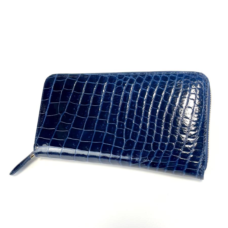クロコダイル 長財布 ダークブルー ミッドナイト メンズ マット仕上げ 日本製・送料無料 スモールクロコダイルラウンドファスナー長