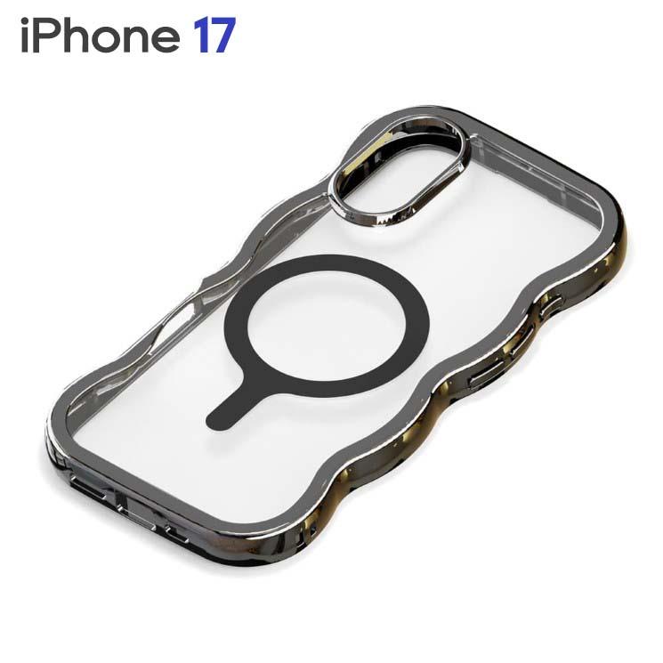 iPhone17 ケース ウェーブケース MagSafe対応 ブラック クリア 透明 うねうね なみなみ メタルブラック