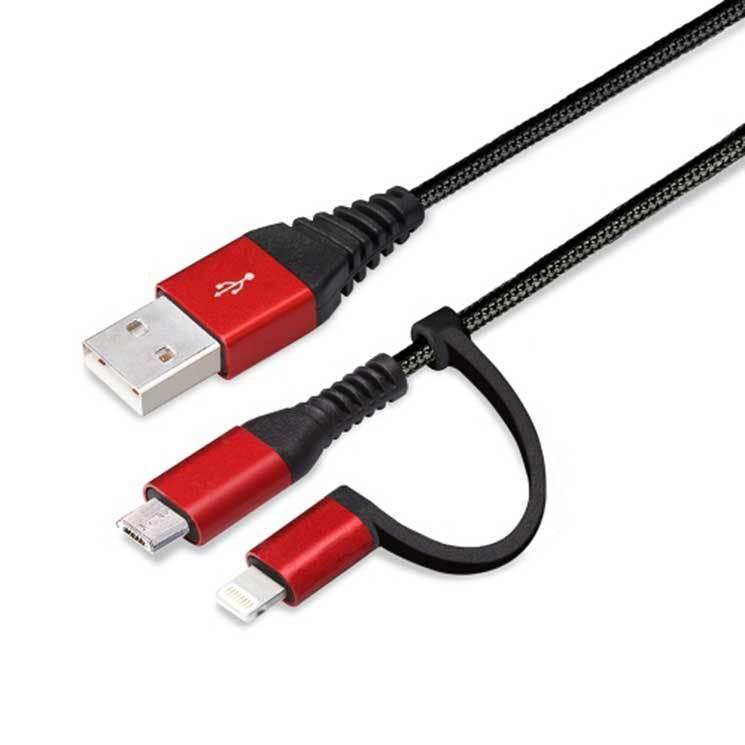 iPhone ケーブル 50cm レッド&ブラック Lightning micro USB 変換コネクタ付き 2in1 USB スマホ スマートフォン PGA｜cross-road