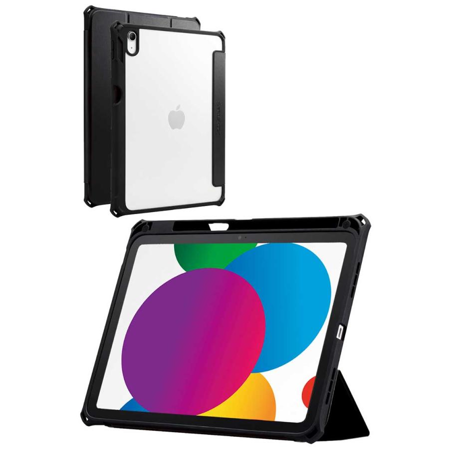 エレコム iPad 10.9インチ 第10世代 ( 2022 ) 用 ケース ソフトレザー カバー 手帳型 スリープ マグネット フラップ 2アングル 衝撃吸収 背面クリア ブラック