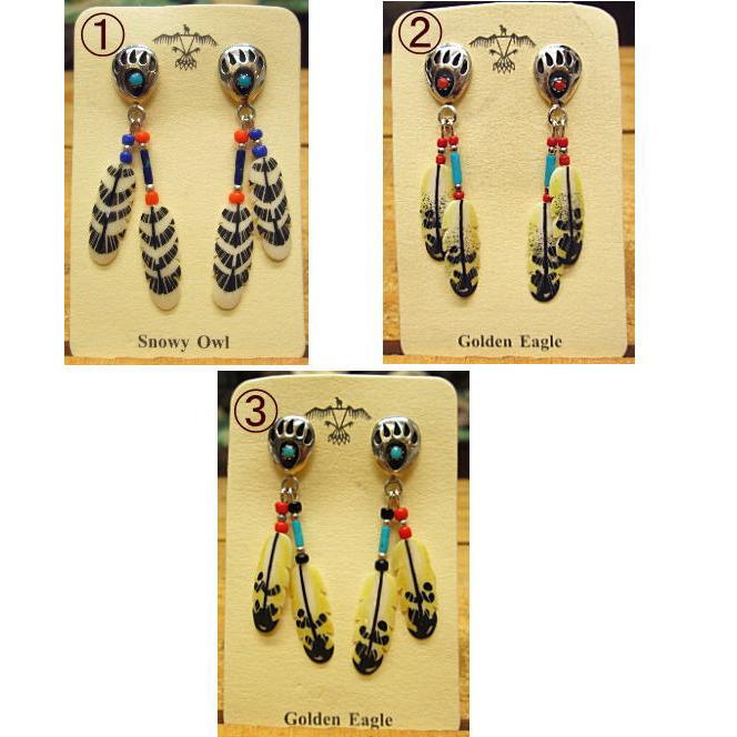 フェザーピアス　ベアパウ Silver925 珊瑚 ターコイズ インディアンスタイル ギフト プレゼント |  | 01