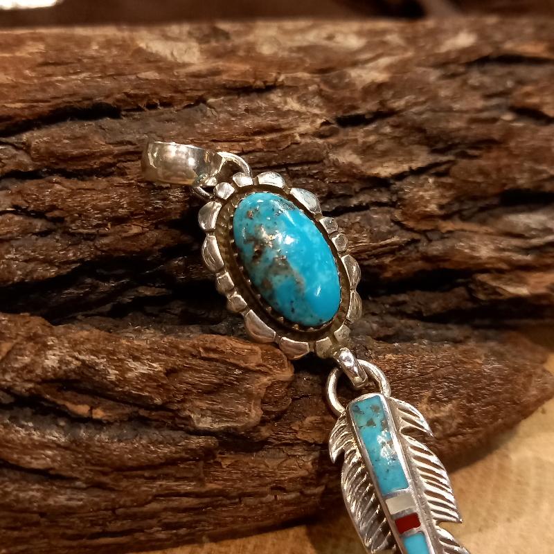 ペンダント【Silver925&ターコイズ】パイライト入り フェザー  