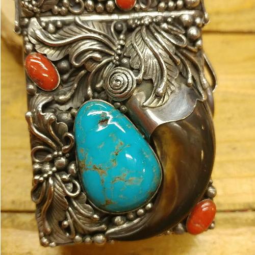 シガーケース　タバコ(装飾片面)ターコイズ(ブルー)&Silver925ハンドメイド ナバホスタイル 喫煙具 ギフト プレゼント インディアン ベルト |  | 01