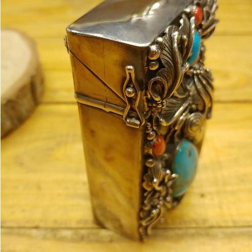 シガーケース　タバコ(装飾片面)ターコイズ(ブルー)&Silver925ハンドメイド ナバホスタイル 喫煙具 ギフト プレゼント インディアン ベルト |  | 02