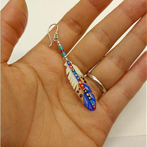 フェザー ピアス(ブルー) ハンドペインティング インディアンスタイル ボーン ネイティブ |  | 02