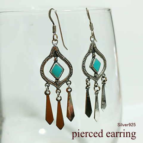p-3 ターコイズピアスSilver925 ペア売り ネイティブアメリカン アクセサリー  ターコイズ風三点吊り  インディアン エスニック ボヘミアン好きな方へ メンズ … | 