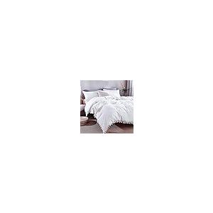 现货 3 Piece White Duvet Cover Set Queen Size Pom Pom Fringe Aest 並行輸入品