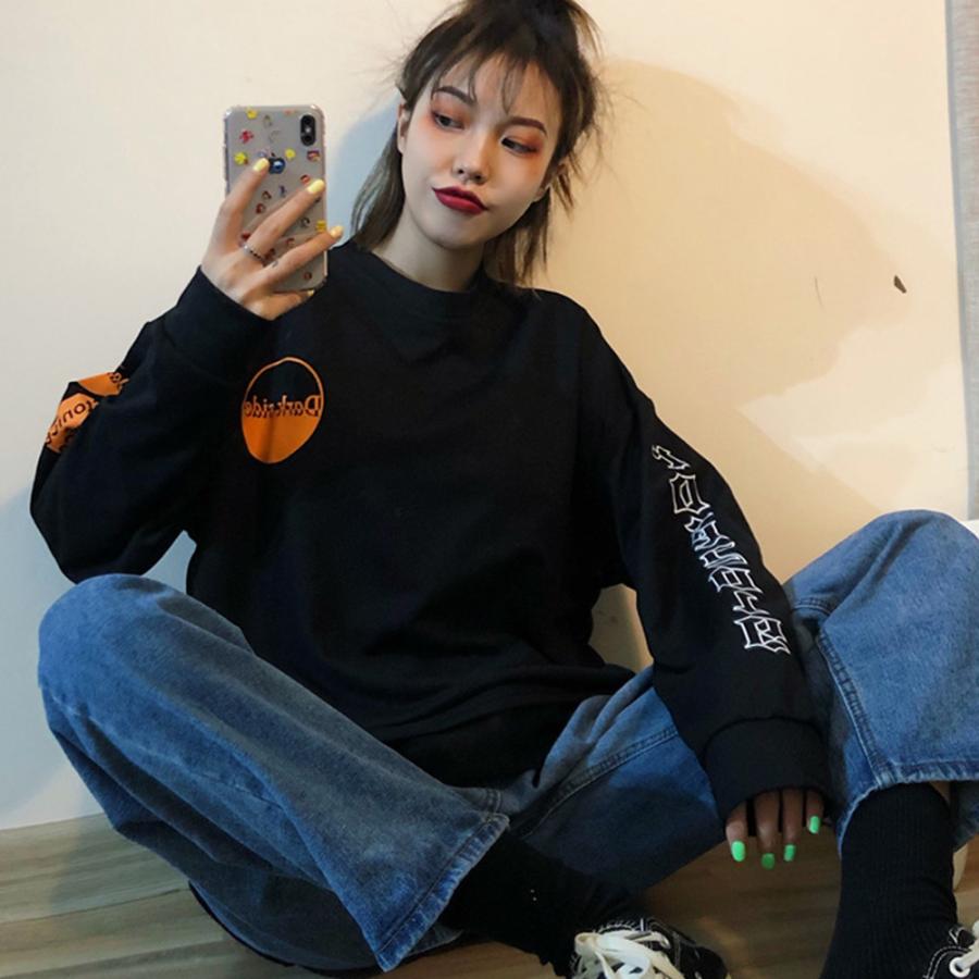 tシャツ Tシャツ 袖プリント ビッグシルエット クルーネック ロング