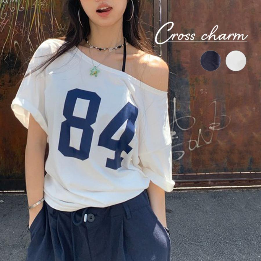 Tシャツ オフショルダー レディース 半袖 トップス プリントT ロック