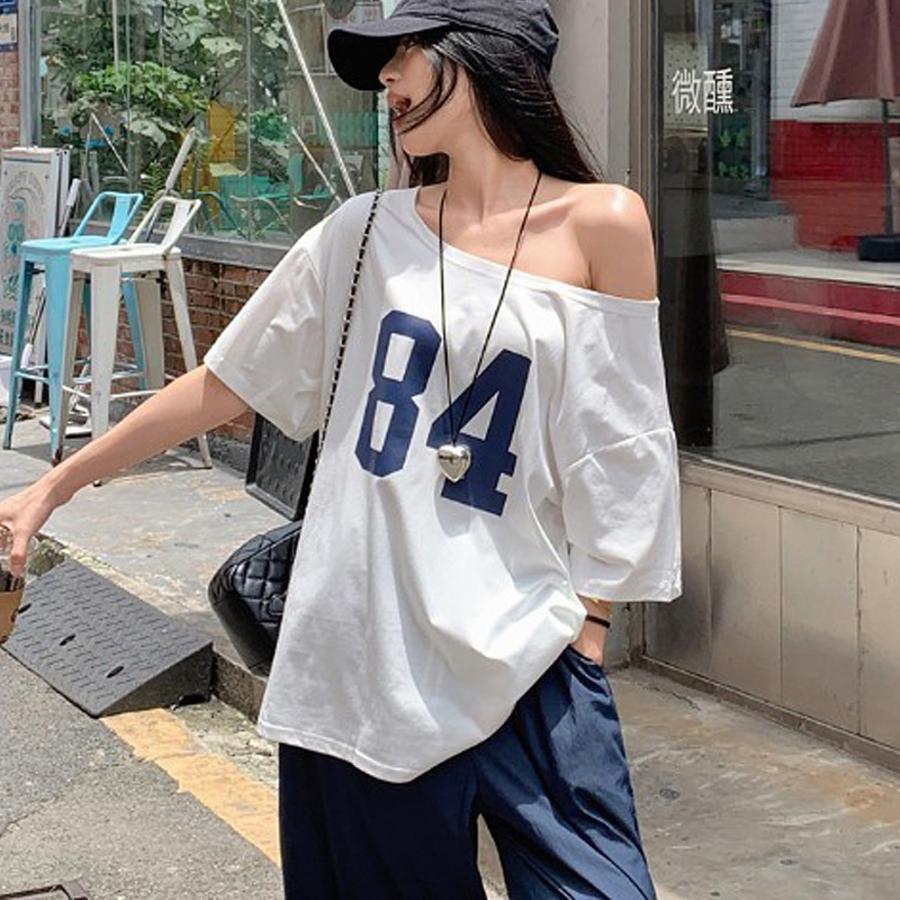 Tシャツ オフショルダー レディース 半袖 トップス プリントT ロック