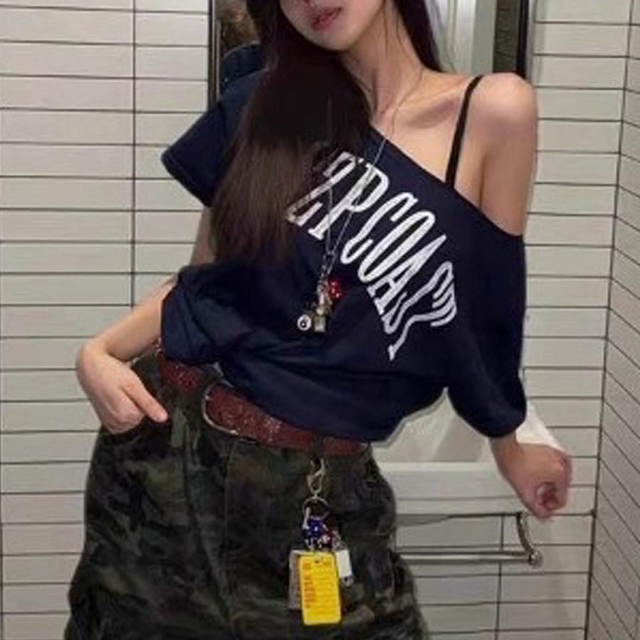 Tシャツ オフショルダー レディース 半袖 トップス プリントT ロック
