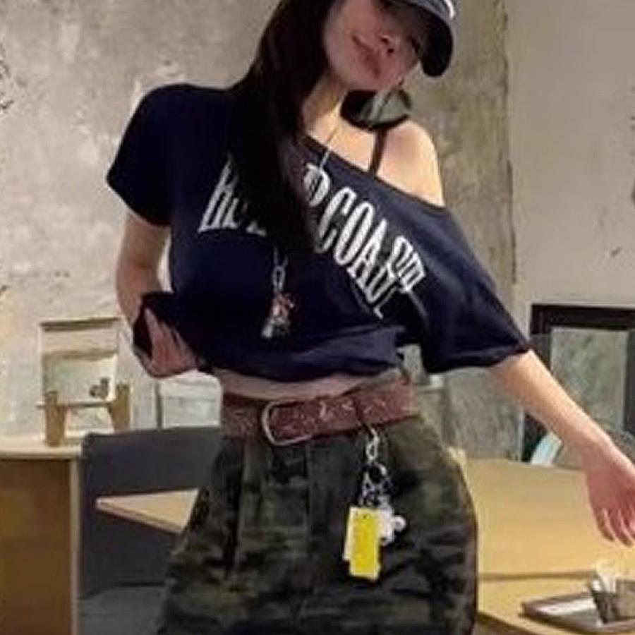Tシャツ オフショルダー レディース 半袖 トップス プリントT ロック