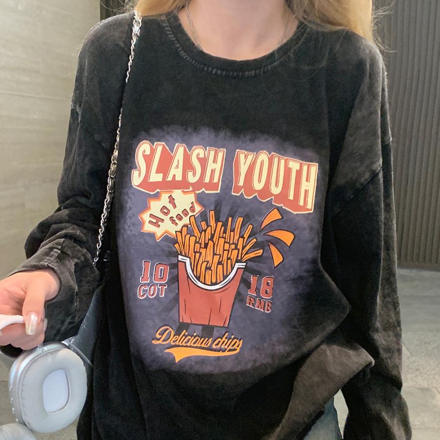 ロンT トップス 長袖 Tシャツ 袖プリント オーバーサイズ 韓国 ロンT トップス 長袖 Tシャツ 袖プリント オーバーサイズ 韓国