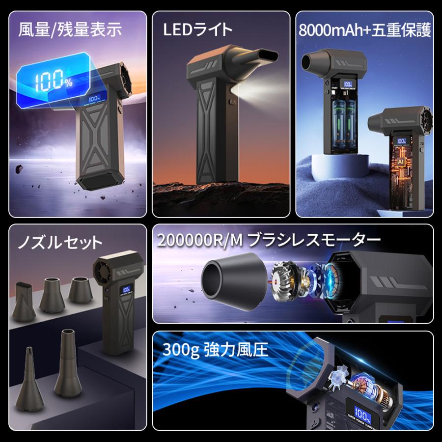 【風速80m+/s・8000mAh】エアダスター エアブロワー 200000RPM ブロワー ブラシレスモーター LED照明 スクリーン 残量表示 四段階調整 強力 洗車 電動 小型 |  | 03