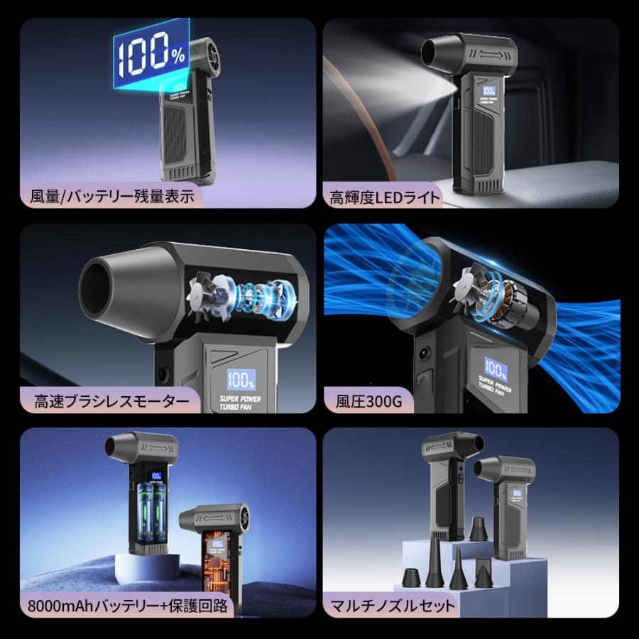 【風速80m/s・8000mAh】エアダスター 電動ブロワー 200000RPM ブラシレスモーター LEDライト照明 スクリーン 残量表示 四段階調整 強力 小型 エアブブロワー |  | 02