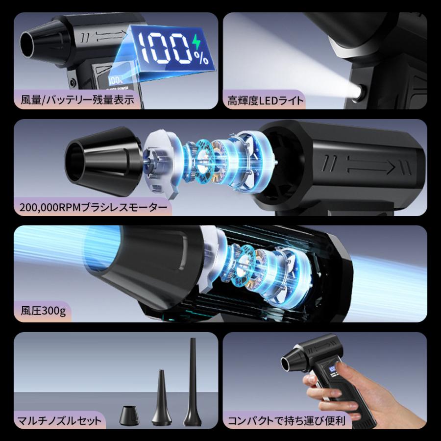 【最大風速80m/s・8000mAh】エアダスター 電動ブロワー 200000RPM ブラシレスモーター LEDライト照明 スクリーン 残量表示 四段階調整 強力 小型 エアブブロワー |  | 02