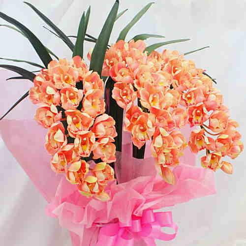 シンビジューム 3本アーチ型 サーモンピンク色 Sサイズ【造花