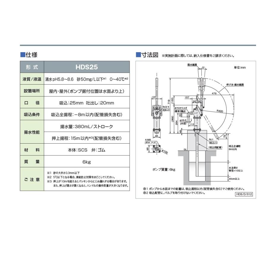 川本ポンプ　手押しポンプ　ステンレス製ドラゴンHDS25　井戸　手動式　本体