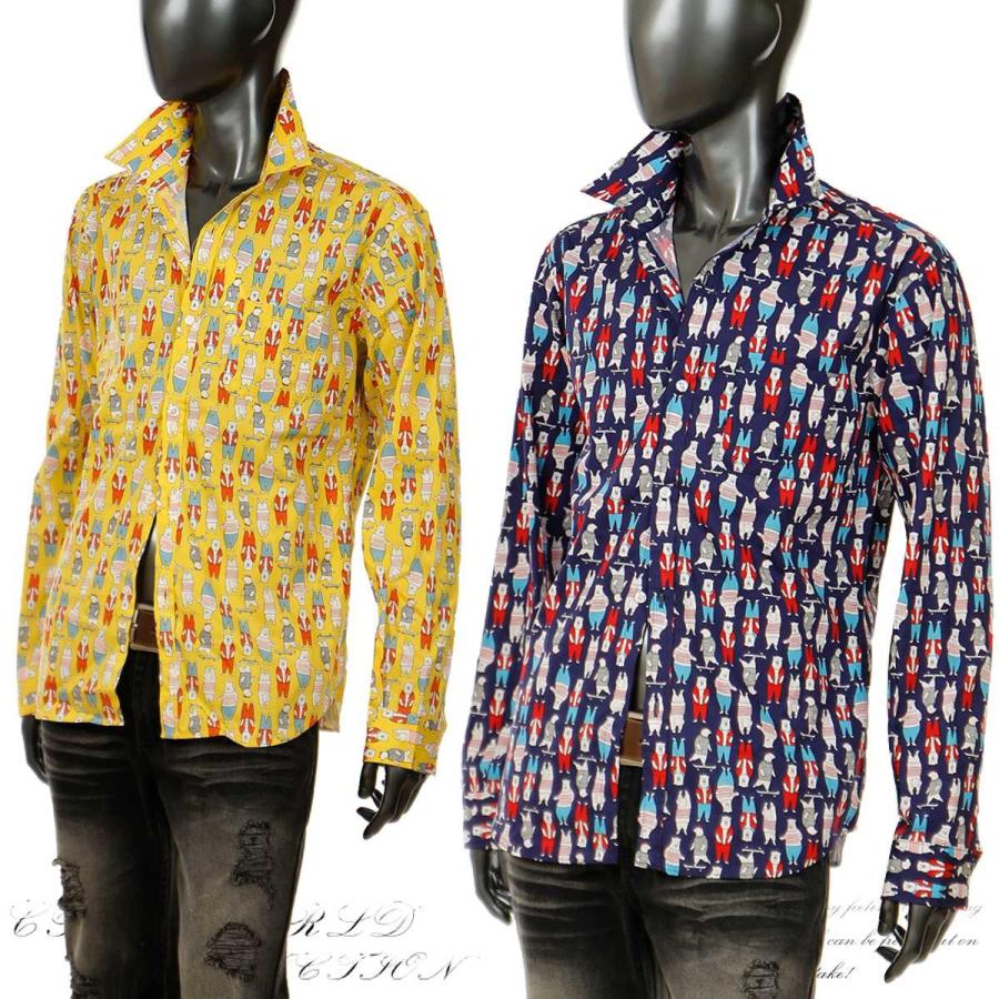 総柄 シャツ メンズ 長袖シャツ くま柄 白くま 柄シャツ イラスト 派手柄 熊 ベアー カジュアル 19年 新作 春 ネイビー ホワイト イエロー 白 A 02hp A 02 Crossworldyahoo 店 通販 Yahoo ショッピング